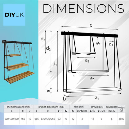 Stylish Multi Tiered Floating Wall Shelves, Pine Wood and Black Steel Frame for Decorative Display