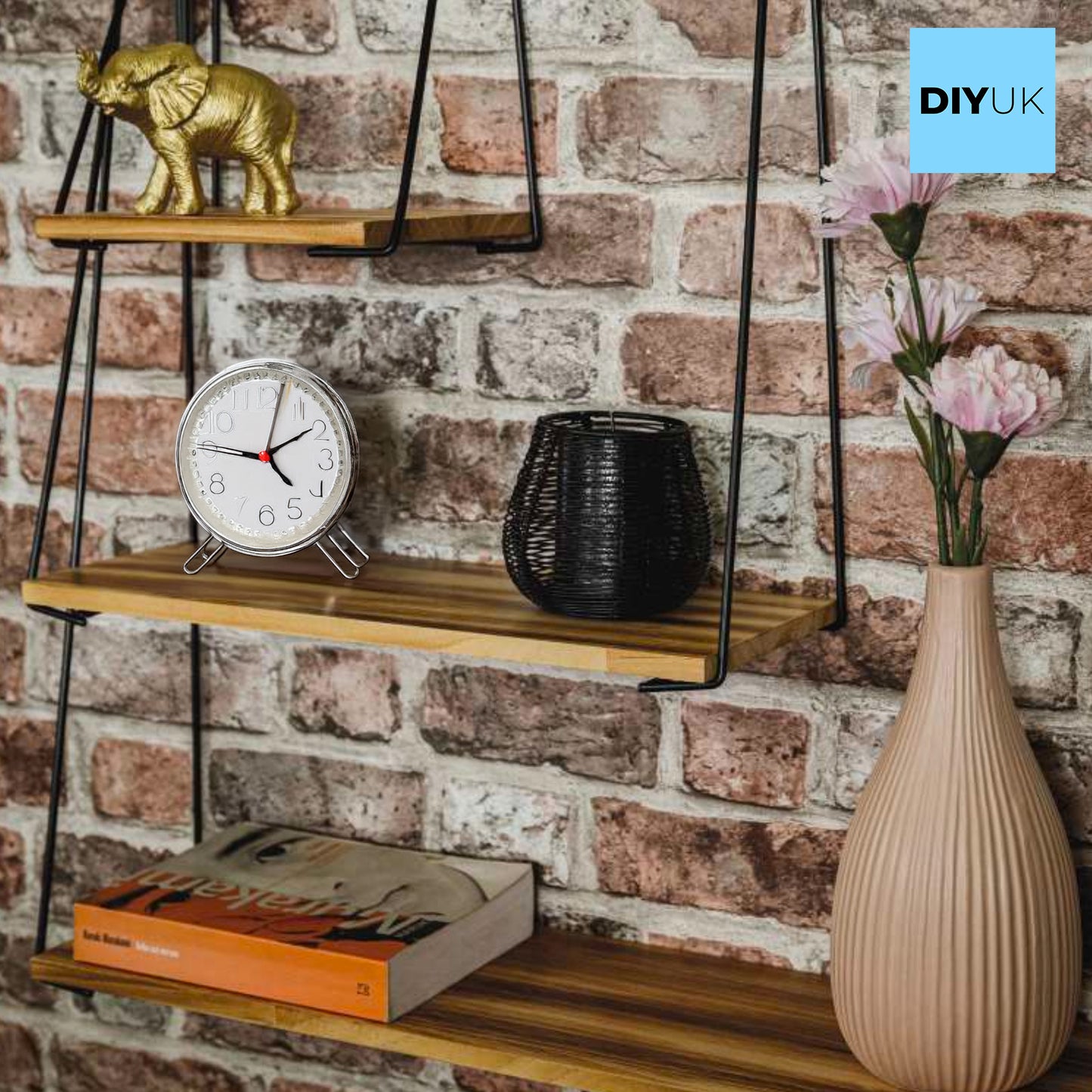 Stylish Multi Tiered Floating Wall Shelves, Pine Wood and Black Steel Frame for Decorative Display