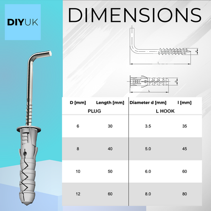 Nylon Wall Plugs M6-M12 + L Shape Square Screws Hook Wall Hanger Pack: 2, 5 or 1