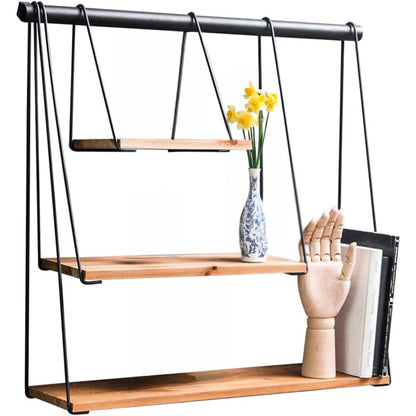 Stylish Multi Tiered Floating Wall Shelves, Pine Wood and Black Steel Frame for Decorative Display