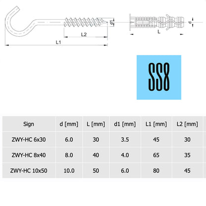 Ceiling Cup Hook Screw Hooks, Plastic plug with hook type C, Ring Screws for Hom